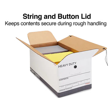 Staples Heavy Duty File Box, String and Button Lid, Letter, White/Gray, 4/Pack (TR59222)